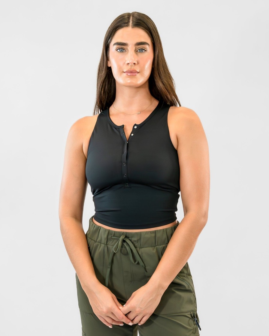 Women Senita Athletics Tees & Tanks | Lux Vinyasa Henley Crop Top-Black