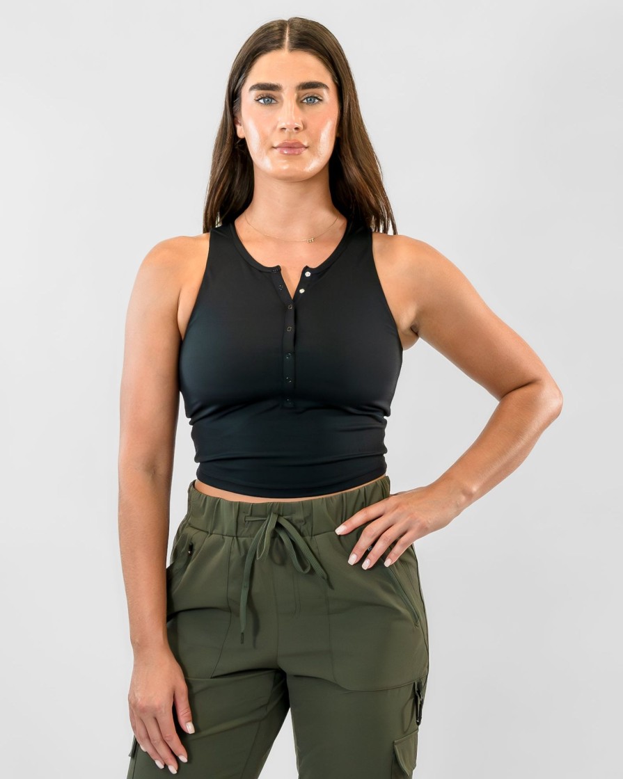 Women Senita Athletics Tees & Tanks | Lux Vinyasa Henley Crop Top-Black