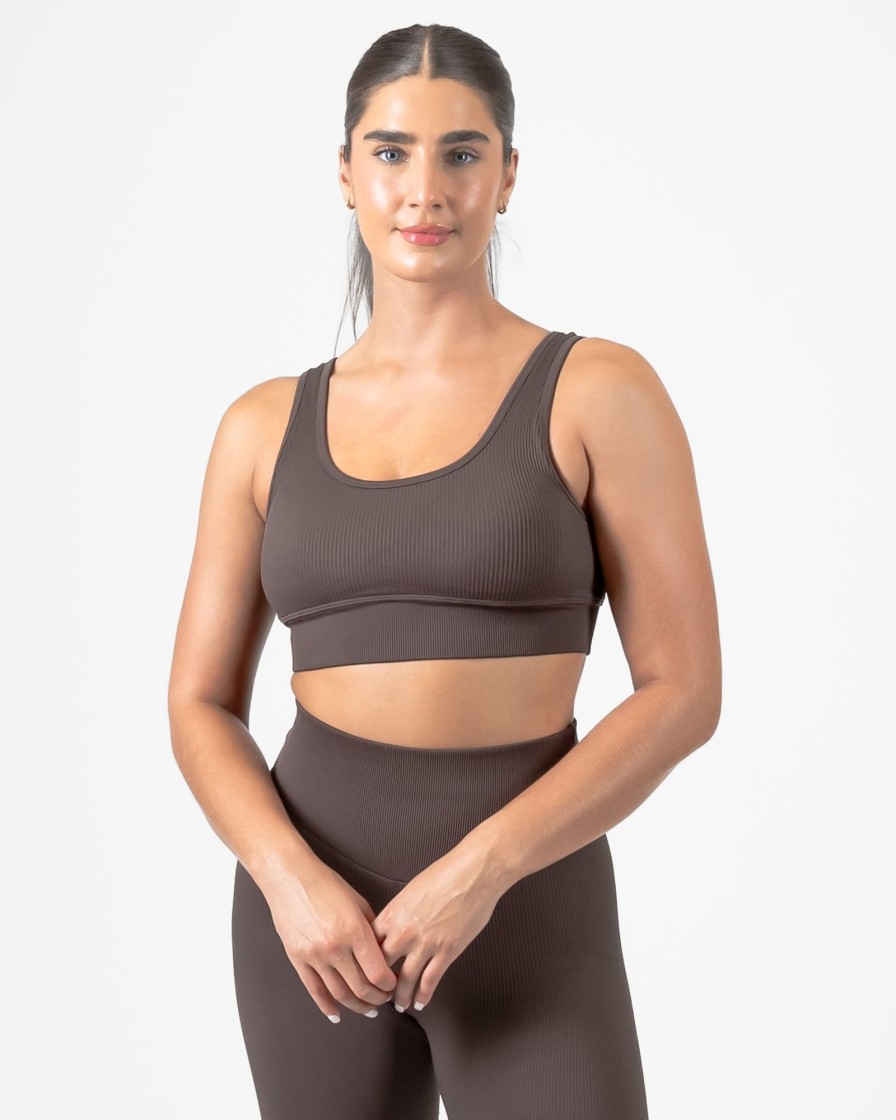 Women Senita Athletics Sports Bras | Ribbed Seamless Bra-Espresso